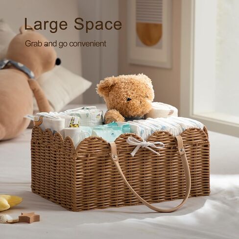 HBlife Baby Diaper Caddy Organizer, Large Portable Scalloped Plastic Wicker Woven Basket with Divider, Nursery Diaper Station, Baby Shower Gifts Basket, Car Organizer, Washable Waterproof in Saudi Arabia
