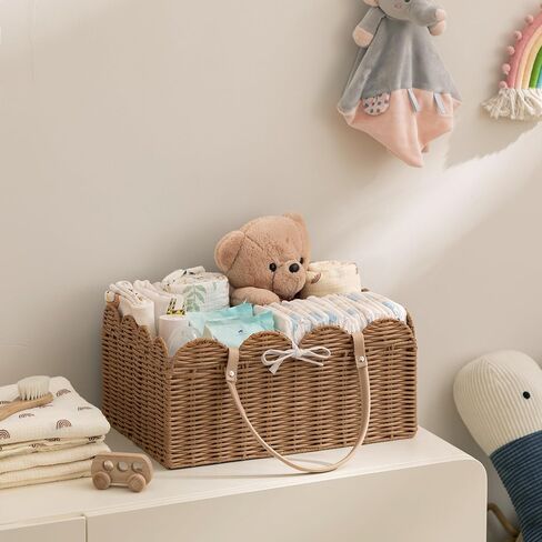 HBlife Baby Diaper Caddy Organizer, Large Portable Scalloped Plastic Wicker Woven Basket with Divider, Nursery Diaper Station, Baby Shower Gifts Basket, Car Organizer, Washable Waterproof in Saudi Arabia