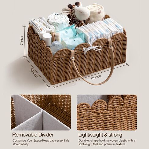 HBlife Baby Diaper Caddy Organizer, Large Portable Scalloped Plastic Wicker Woven Basket with Divider, Nursery Diaper Station, Baby Shower Gifts Basket, Car Organizer, Washable Waterproof in Saudi Arabia