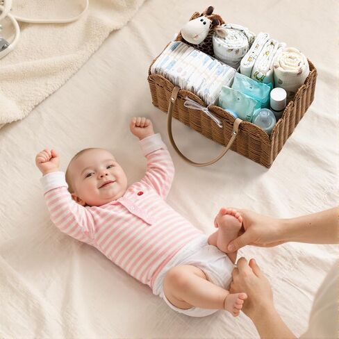 HBlife Baby Diaper Caddy Organizer, Large Portable Scalloped Plastic Wicker Woven Basket with Divider, Nursery Diaper Station, Baby Shower Gifts Basket, Car Organizer, Washable Waterproof in Saudi Arabia