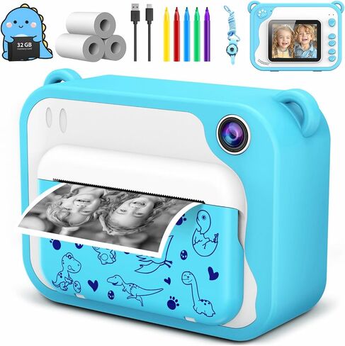 Kids Camera Instant Print, Dinosaur Instant Print Camera for Kids with 1080P Video, 32GB SD Card, 240 Photos, Christmas Birthday Gifts for Boys Girls Ages 3-12 (Blue) in Kuwait