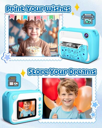 Kids Camera Instant Print, Dinosaur Instant Print Camera for Kids with 1080P Video, 32GB SD Card, 240 Photos, Christmas Birthday Gifts for Boys Girls Ages 3-12 (Blue) in Kuwait