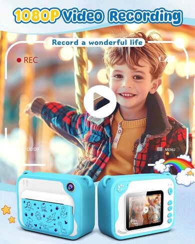 Kids Camera Instant Print, Dinosaur Instant Print Camera for Kids with 1080P Video, 32GB SD Card, 240 Photos, Christmas Birthday Gifts for Boys Girls Ages 3-12 (Blue) in Kuwait