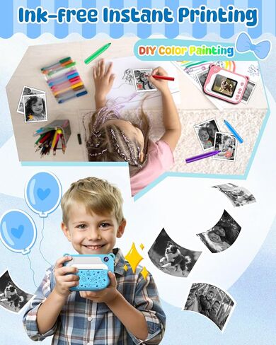 Kids Camera Instant Print, Dinosaur Instant Print Camera for Kids with 1080P Video, 32GB SD Card, 240 Photos, Christmas Birthday Gifts for Boys Girls Ages 3-12 (Blue) in Kuwait