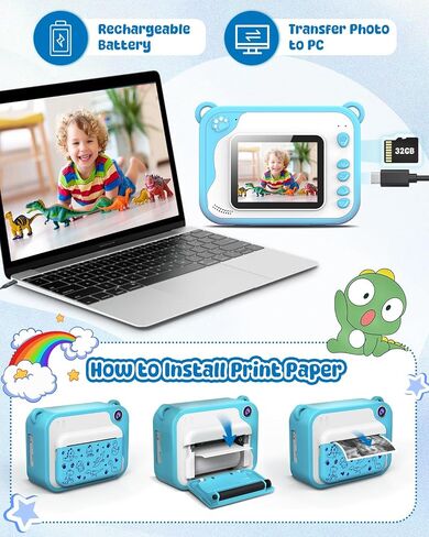Kids Camera Instant Print, Dinosaur Instant Print Camera for Kids with 1080P Video, 32GB SD Card, 240 Photos, Christmas Birthday Gifts for Boys Girls Ages 3-12 (Blue) in Kuwait