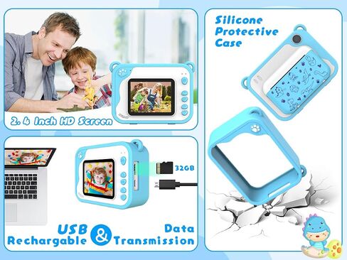 Kids Camera Instant Print, Dinosaur Instant Print Camera for Kids with 1080P Video, 32GB SD Card, 240 Photos, Christmas Birthday Gifts for Boys Girls Ages 3-12 (Blue) in Kuwait