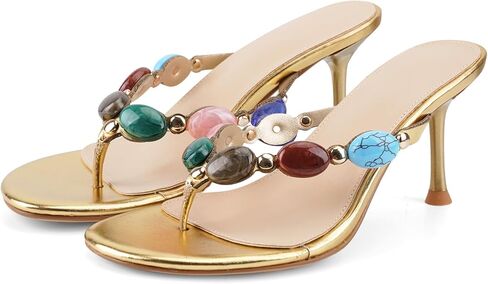 Flip Flop Kitten Heels Jeweled Thong Heeled Sandals Boho,Gold,7 | Colorful Beaded Straps,Jeweled Flip Flop Heels,Round Open Toe,Thong Heeled Sandals,Kitten Heel,Slip On,Beach,Vacation,Summer in Saudi Arabia