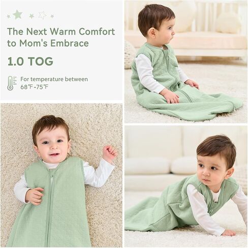 Unnivoll Baby Sleep Sack 6-12 Months 1.0 Tog Baby Wearable Blanket Cotton Sleeping Sack Quilted Baby Sleep Bag with 2-Way Zipper for Infant Newborn Green in Saudi Arabia