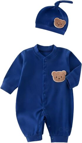 Babygirls & Babyboys Clothes With Hats, Newborn Long Sleeve Unisex Bear Patched Onesie, Toddler & Infant Romper in Kuwait