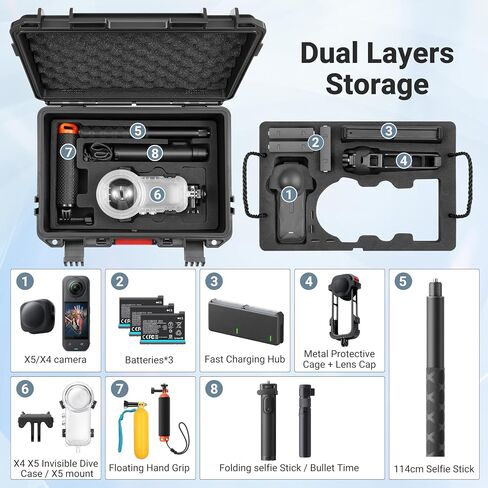 Hard Carring Case for Insta360 X5 Dive Case Accessories | Waterproof Protective Hardshell Dual Layers Cases for Insta 360 X5 Bundle Combo with Shoulder Strap in Saudi Arabia