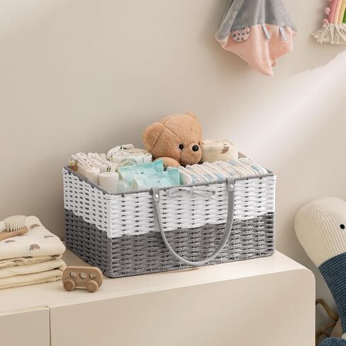 HBlife Large Baby Diaper Caddy Organizer, Paper Rope Storage Baskets Nursery Bin with Removable Divider, Portable Car Organizer for Diapers, Baby Shower Gifts, Newborn Essentials Must Haves in Saudi Arabia