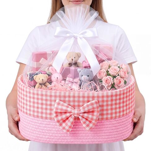 Large Empty Pink Gift Basket, 26L Jumbo Baby Gift Woven Basket with Mesh Bag and Ribbon 16.9" x 12.6" x 7.5" Storage for New Mom Women Baby Shower Birthday Wedding Party in Saudi Arabia