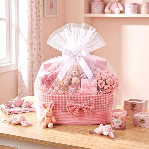 Large Empty Pink Gift Basket, 26L Jumbo Baby Gift Woven Basket with Mesh Bag and Ribbon 16.9" x 12.6" x 7.5" Storage for New Mom Women Baby Shower Birthday Wedding Party in Saudi Arabia