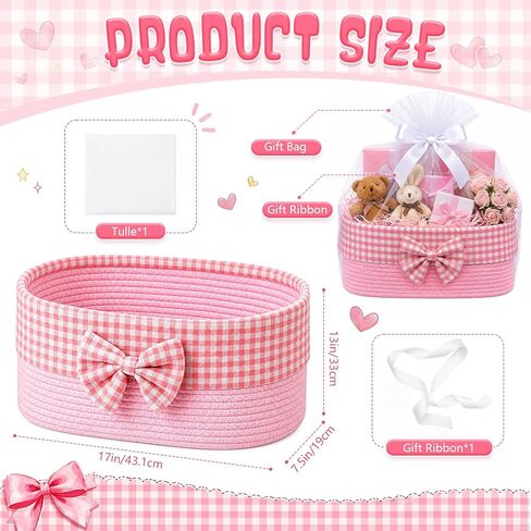 Large Empty Pink Gift Basket, 26L Jumbo Baby Gift Woven Basket with Mesh Bag and Ribbon 16.9" x 12.6" x 7.5" Storage for New Mom Women Baby Shower Birthday Wedding Party in Saudi Arabia