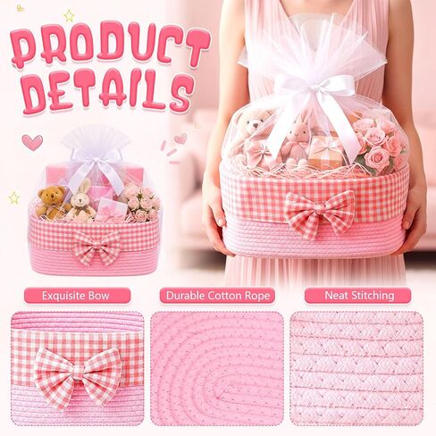 Large Empty Pink Gift Basket, 26L Jumbo Baby Gift Woven Basket with Mesh Bag and Ribbon 16.9" x 12.6" x 7.5" Storage for New Mom Women Baby Shower Birthday Wedding Party in Saudi Arabia