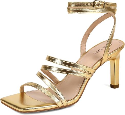 Gold Strappy Heels for Women Square Toe Ankle Strap Metallic Heeled Sandals | Elegant strappy high heel sandals and comfortable fit, perfect for weddings, parties, dates and formal occasions. in Kuwait