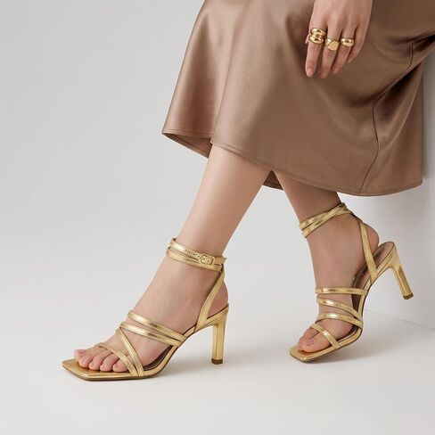 Gold Strappy Heels for Women Square Toe Ankle Strap Metallic Heeled Sandals | Elegant strappy high heel sandals and comfortable fit, perfect for weddings, parties, dates and formal occasions. in Kuwait