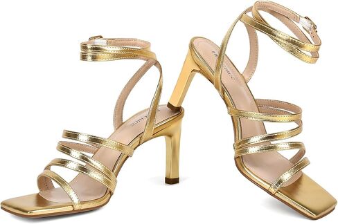 Gold Strappy Heels for Women Square Toe Ankle Strap Metallic Heeled Sandals | Elegant strappy high heel sandals and comfortable fit, perfect for weddings, parties, dates and formal occasions. in Kuwait