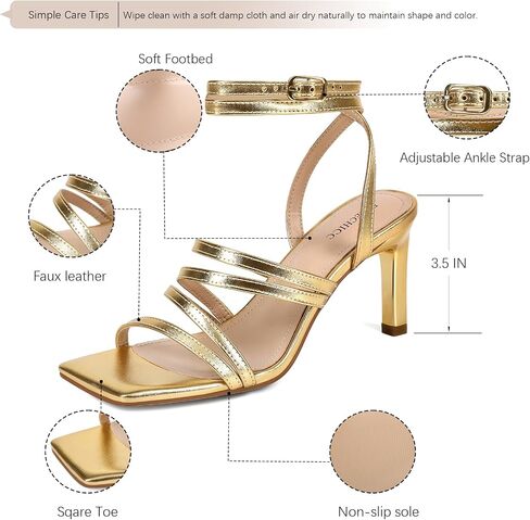 Gold Strappy Heels for Women Square Toe Ankle Strap Metallic Heeled Sandals | Elegant strappy high heel sandals and comfortable fit, perfect for weddings, parties, dates and formal occasions. in Kuwait