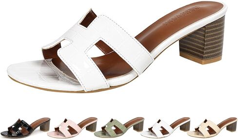 Women's Heeled Sandals Open Round Toe Croc Embossed Block Heel Slides Mules Slip On Dressy Summer Shoes for Beach Vacation in Kuwait