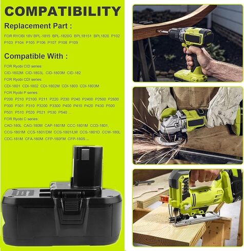 بطارية ARyee 18 فولت 6.0 أمبير في الساعة قطعتان، بديلة لأدوات Ryobi P107 P108 P109 اللاسلكية، بطارية ليثيوم أيون لأدوات Ryobi One+ الكهربائية 18 فولت in Kuwait