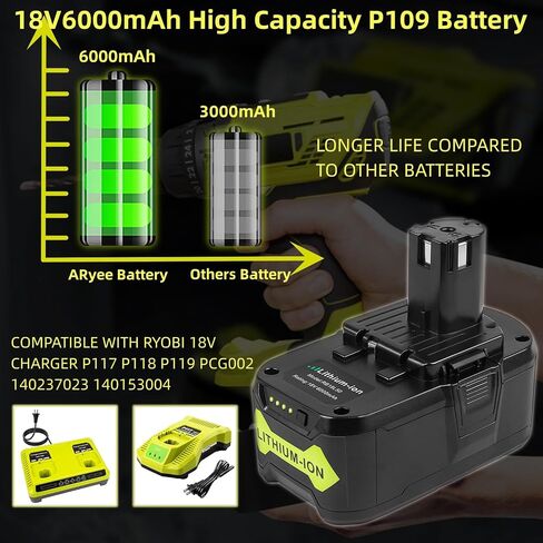 بطارية ARyee 18 فولت 6.0 أمبير في الساعة قطعتان، بديلة لأدوات Ryobi P107 P108 P109 اللاسلكية، بطارية ليثيوم أيون لأدوات Ryobi One+ الكهربائية 18 فولت in Kuwait