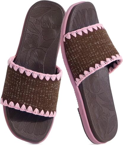 ONCAI Women’s Flat Slides Sandals Size 9 Soft Knitted with Golden Thread Inlay Trendy Dressy Summer Beach Vacation Essentials Walking Brown/Pink Sandalias Mujer with Cute Outdoor Rubber Soles in Saudi Arabia