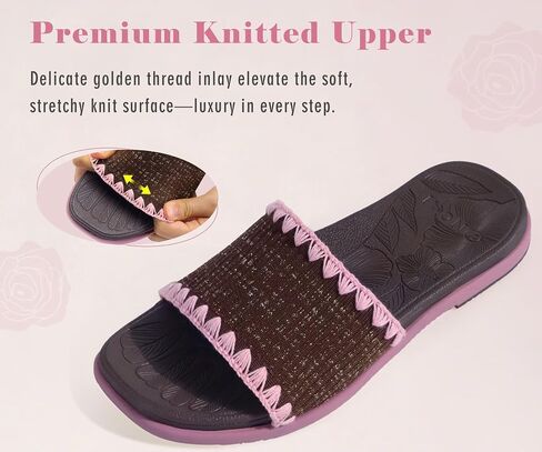 ONCAI Women’s Flat Slides Sandals Size 9 Soft Knitted with Golden Thread Inlay Trendy Dressy Summer Beach Vacation Essentials Walking Brown/Pink Sandalias Mujer with Cute Outdoor Rubber Soles in Saudi Arabia
