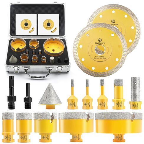 Diamond Hole Saw Kit-15Pcs,Core Drill Bits for Ceramic,Glass,Stone | 1/4",5/16",4/5",1",1-3/8",2",3",4", Chamfer & Finger Bit, Hex & SDS Adapter, Saw Blade, Vacuum Brazed in Saudi Arabia