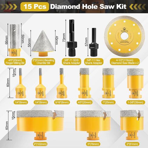 Diamond Hole Saw Kit-15Pcs,Core Drill Bits for Ceramic,Glass,Stone | 1/4",5/16",4/5",1",1-3/8",2",3",4", Chamfer & Finger Bit, Hex & SDS Adapter, Saw Blade, Vacuum Brazed in Saudi Arabia