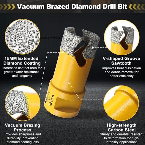 Diamond Hole Saw Kit-15Pcs,Core Drill Bits for Ceramic,Glass,Stone | 1/4",5/16",4/5",1",1-3/8",2",3",4", Chamfer & Finger Bit, Hex & SDS Adapter, Saw Blade, Vacuum Brazed in Saudi Arabia