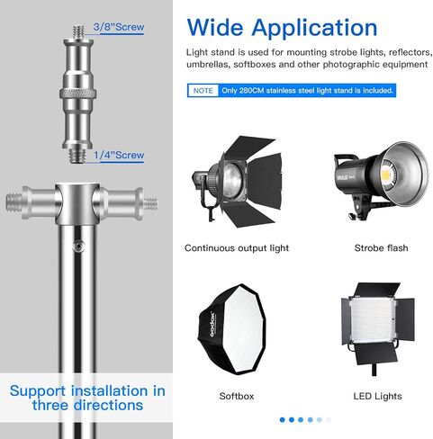 9.2ft Stainless Steel Light Stand, Heavy Duty Photography Tripod | Spring Cushioned Photography Stand with 1/4" to 3/8" Screw Adapter for Studio Strobe, LED Video Light, Softbox in Saudi Arabia