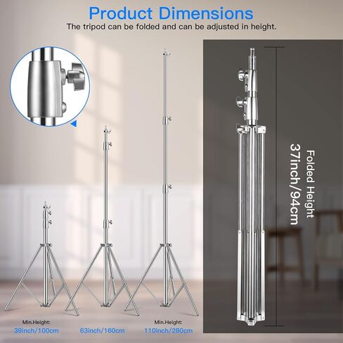9.2ft Stainless Steel Light Stand, Heavy Duty Photography Tripod | Spring Cushioned Photography Stand with 1/4" to 3/8" Screw Adapter for Studio Strobe, LED Video Light, Softbox in Saudi Arabia