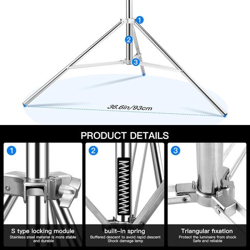 9.2ft Stainless Steel Light Stand, Heavy Duty Photography Tripod | Spring Cushioned Photography Stand with 1/4" to 3/8" Screw Adapter for Studio Strobe, LED Video Light, Softbox in Saudi Arabia
