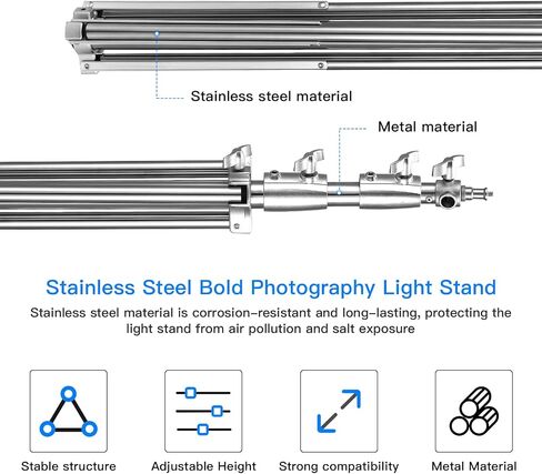 9.2ft Stainless Steel Light Stand, Heavy Duty Photography Tripod | Spring Cushioned Photography Stand with 1/4" to 3/8" Screw Adapter for Studio Strobe, LED Video Light, Softbox in Saudi Arabia