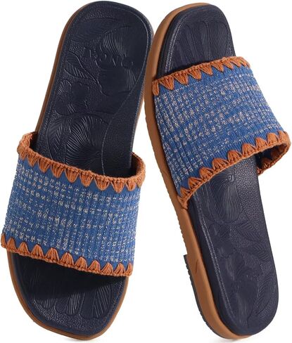 ONCAI Women’s Flat Slides Sandals Soft Knitted with Golden Thread Inlay Summer Vacation Walking Sandalias Mujer with Outdoor Rubber Soles in Saudi Arabia
