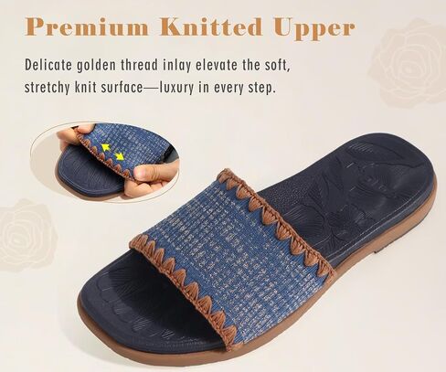 ONCAI Women’s Flat Slides Sandals Soft Knitted with Golden Thread Inlay Summer Vacation Walking Sandalias Mujer with Outdoor Rubber Soles in Saudi Arabia