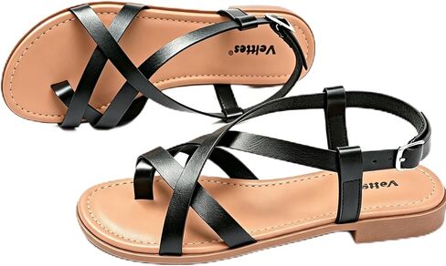 Veittes Women's Gladiator Flat Sandals,Non-slip soles, comfortable and lightweight, open-toe summer flip-flop sandals, Black,Size 8.5 US in Kuwait
