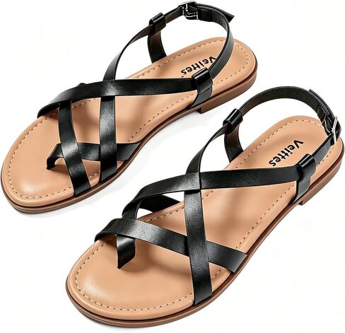 Veittes Women's Gladiator Flat Sandals,Non-slip soles, comfortable and lightweight, open-toe summer flip-flop sandals, Black,Size 8.5 US in Kuwait