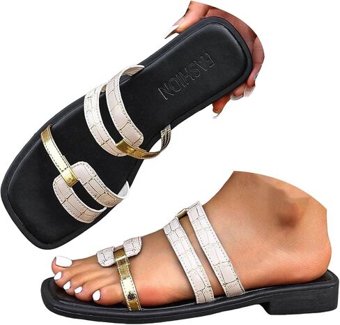Strappy Flat Sandals for Women 2026 Comfortable Open Square Toe Sandals Dressy Metal Accents Hollow Out Casual Slip On Slides Summer Wedding Party Dress Shoes Beach Vacation Slippers in Kuwait