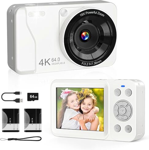 4K 64MP Digital Camera Point and Shoot, 18X Zoom, White | Rechargeable Compact Camera with 64GB SD Card & 2 Batteries, Great Gift for Kids Teens Adults in Saudi Arabia
