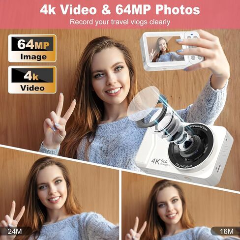 4K 64MP Digital Camera Point and Shoot, 18X Zoom, White | Rechargeable Compact Camera with 64GB SD Card & 2 Batteries, Great Gift for Kids Teens Adults in Saudi Arabia