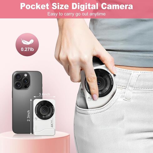 4K 64MP Digital Camera Point and Shoot, 18X Zoom, White | Rechargeable Compact Camera with 64GB SD Card & 2 Batteries, Great Gift for Kids Teens Adults in Saudi Arabia