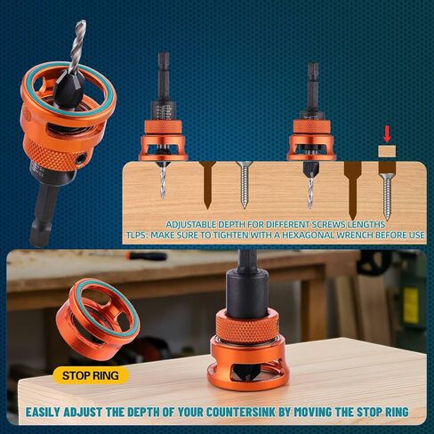 Countersink Drill Bit Set, 5 Sizes with Adjustable Depth Stop | Adjustable countersink bits for pilot holes and recessed screw holes in cabinets, furniture, wood projects, and DIY repairs in Saudi Arabia