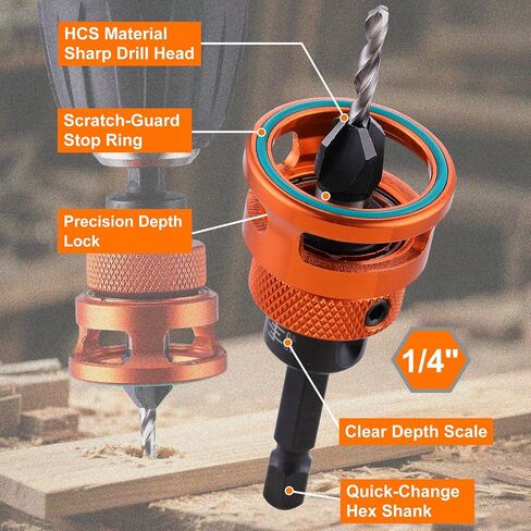 Countersink Drill Bit Set, 5 Sizes with Adjustable Depth Stop | Adjustable countersink bits for pilot holes and recessed screw holes in cabinets, furniture, wood projects, and DIY repairs in Saudi Arabia