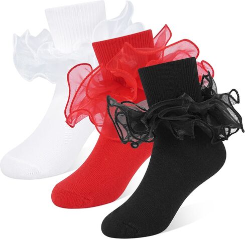 GENTABY 3 Pairs Girls Ruffle Socks Double Lace Socks for Kids 1-10 Years | Cotton blend, breathable, frilly double-layer lace, fold-over cuff, 2-way wear, church, school, party, princess, daily dress in Saudi Arabia
