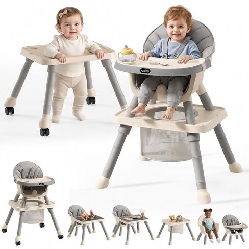 9-in-1 Convertible Baby High Chair for 6 Months to 8 Years, Grow-with-Me Highchair for Toddlers and Infants with 5-Point Safety Harness, Lockable Wheels, Adjustable Removable Tray, BPA-Free (Grey) in Kuwait