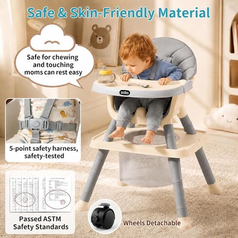 9-in-1 Convertible Baby High Chair for 6 Months to 8 Years, Grow-with-Me Highchair for Toddlers and Infants with 5-Point Safety Harness, Lockable Wheels, Adjustable Removable Tray, BPA-Free (Grey) in Kuwait