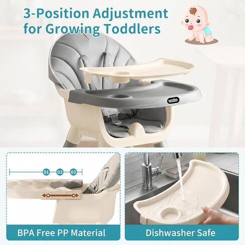 9-in-1 Convertible Baby High Chair for 6 Months to 8 Years, Grow-with-Me Highchair for Toddlers and Infants with 5-Point Safety Harness, Lockable Wheels, Adjustable Removable Tray, BPA-Free (Grey) in Kuwait