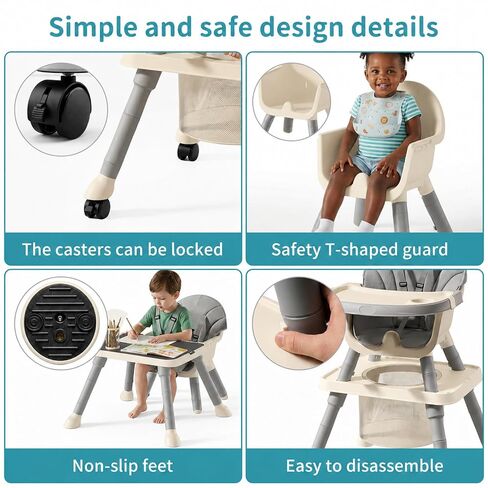 9-in-1 Convertible Baby High Chair for 6 Months to 8 Years, Grow-with-Me Highchair for Toddlers and Infants with 5-Point Safety Harness, Lockable Wheels, Adjustable Removable Tray, BPA-Free (Grey) in Kuwait
